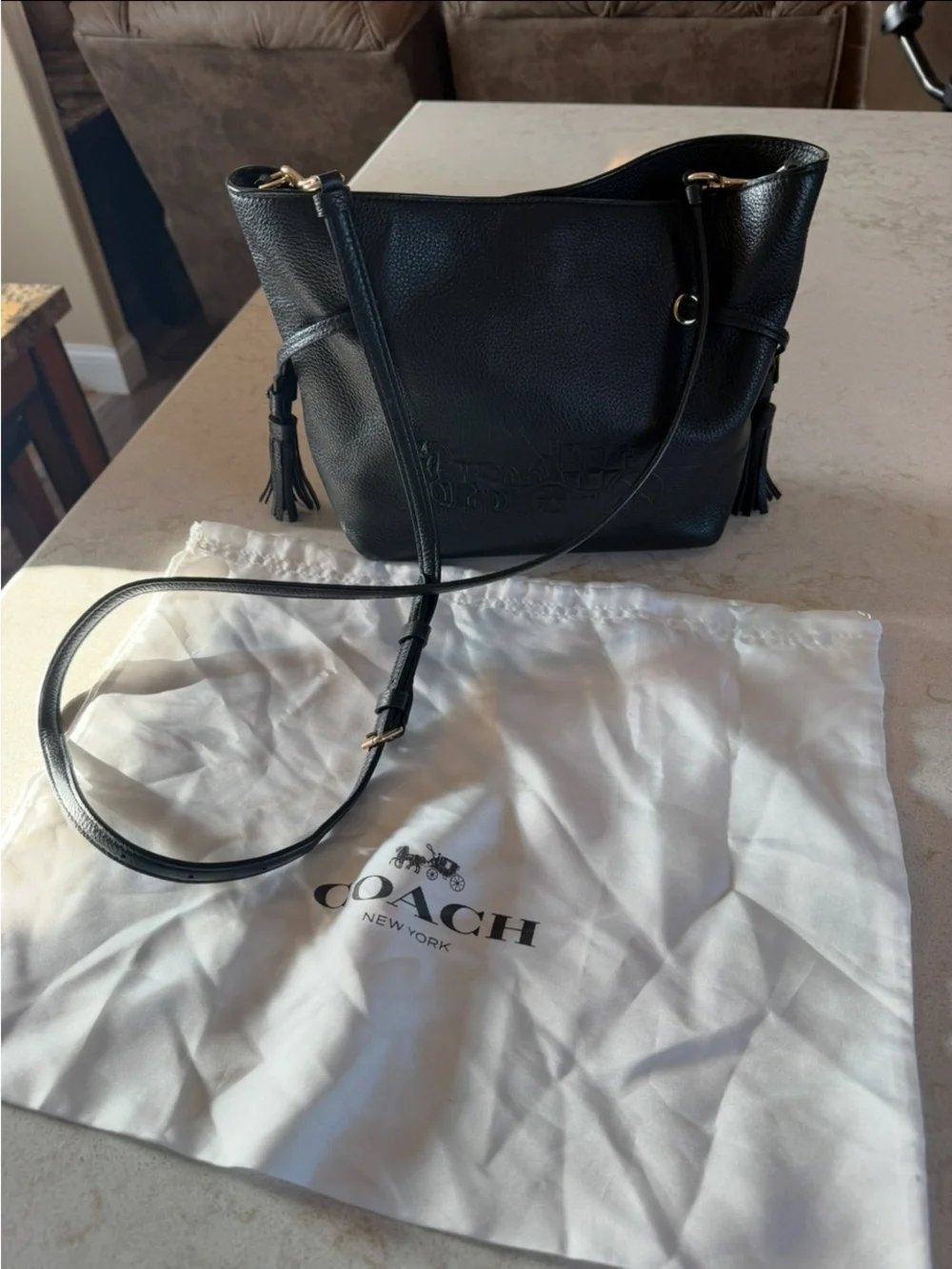 Coach Black Pebbled Leather Shoulder Tote with Tassels and Gold Hardware
